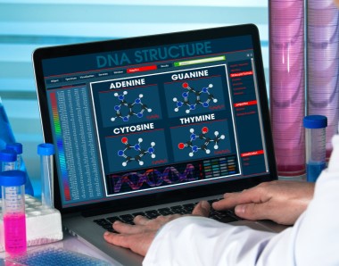 research geneticist working with analysis dna software on laptop in the genetic laboratory / genetic engineer using computer with structure test dna in biotechnology lab